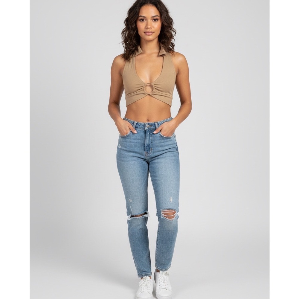 Almost Famous Collared Halter Crop Top Soft Suede‎ Feel Size Medium